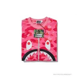 Hypeyourbeast BAPE Pink Camouflage Shark Head Fake Zipper Tee Shirt