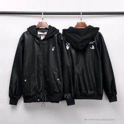 Hypeyourbeast OFF-WHITE 20FW New Logo Hooded Leather Jacket Black Hoodies & Jackets