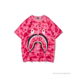 Hypeyourbeast BAPE Pink Camouflage Shark Head Fake Zipper Tee Shirt
